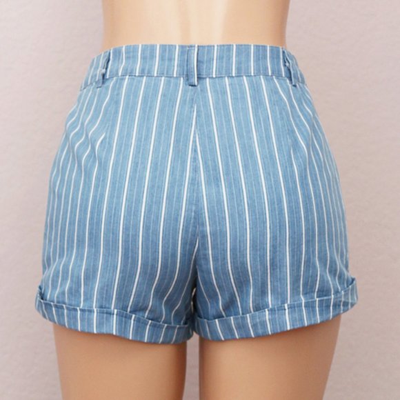 Denim Blue Striped 100% Cotton High Waist Shorts - Picture 6 of 10